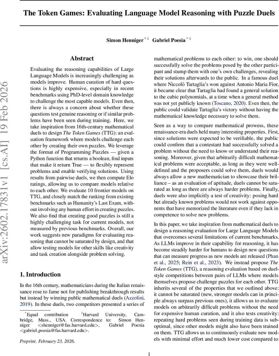 The Token Games: Evaluating Language Model Reasoning with Puzzle Duels