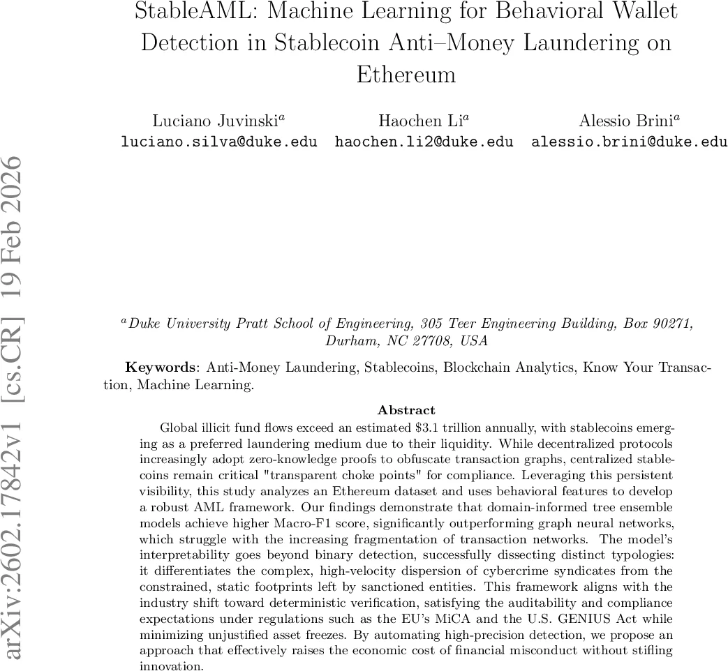 StableAML: Machine Learning for Behavioral Wallet Detection in Stablecoin Anti-Money Laundering on Ethereum