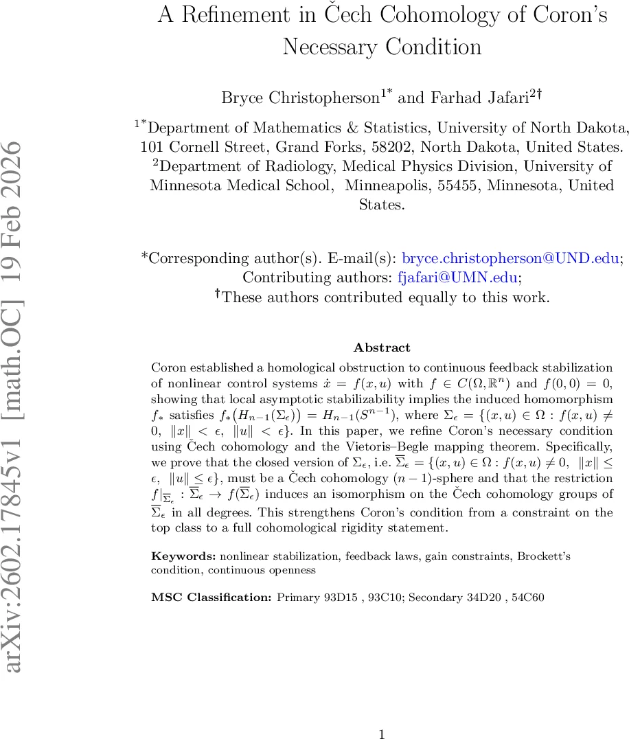 A Refinement in Čech Cohomology of Coron's Necessary Condition