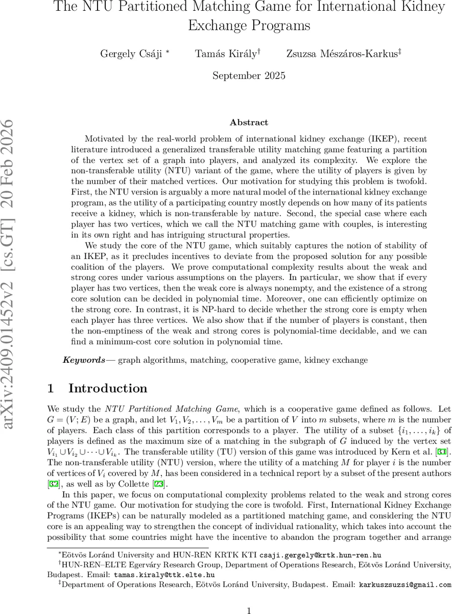 The NTU Partitioned Matching Game for International Kidney Exchange Programs
