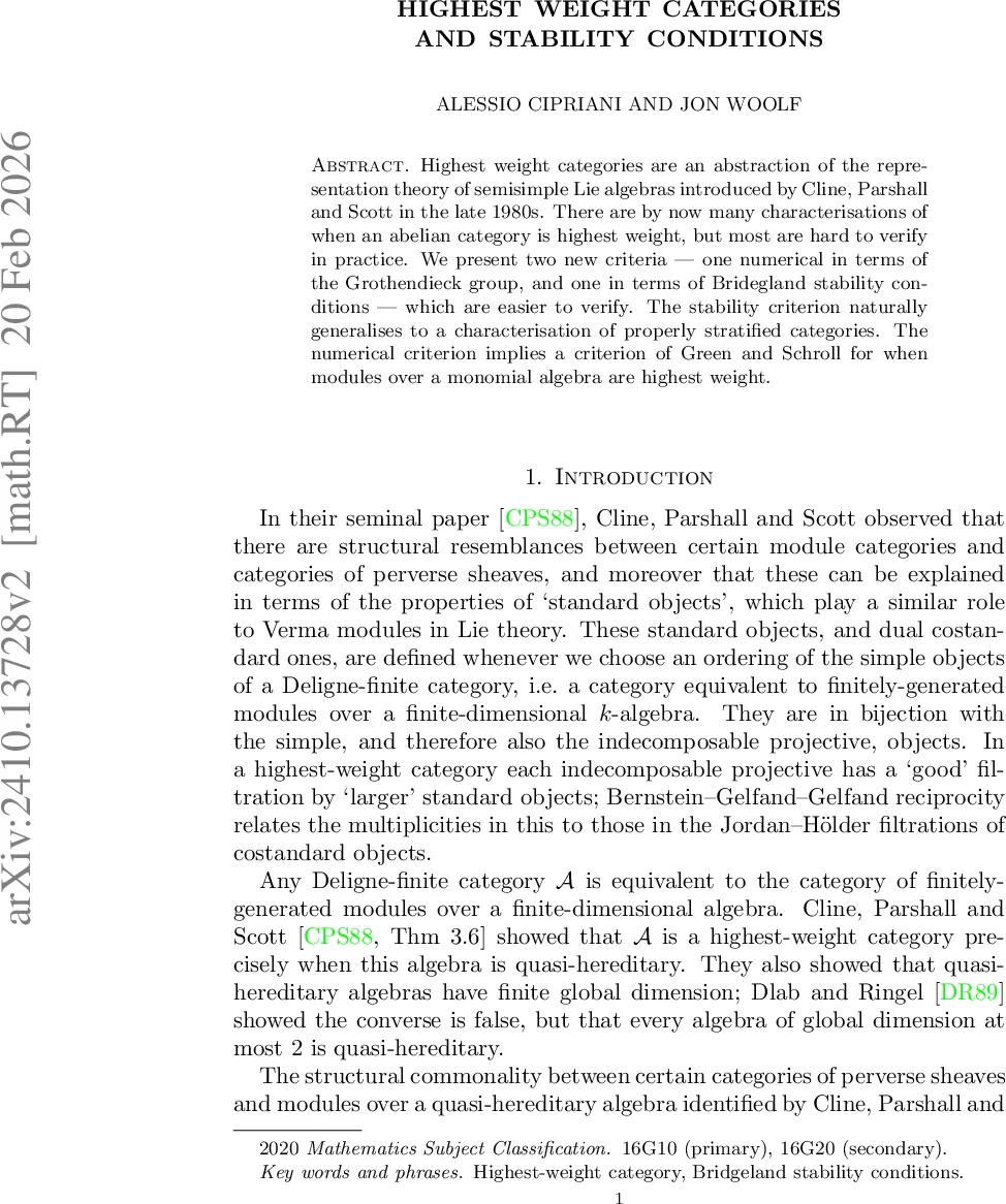 Highest weight categories and stability conditions