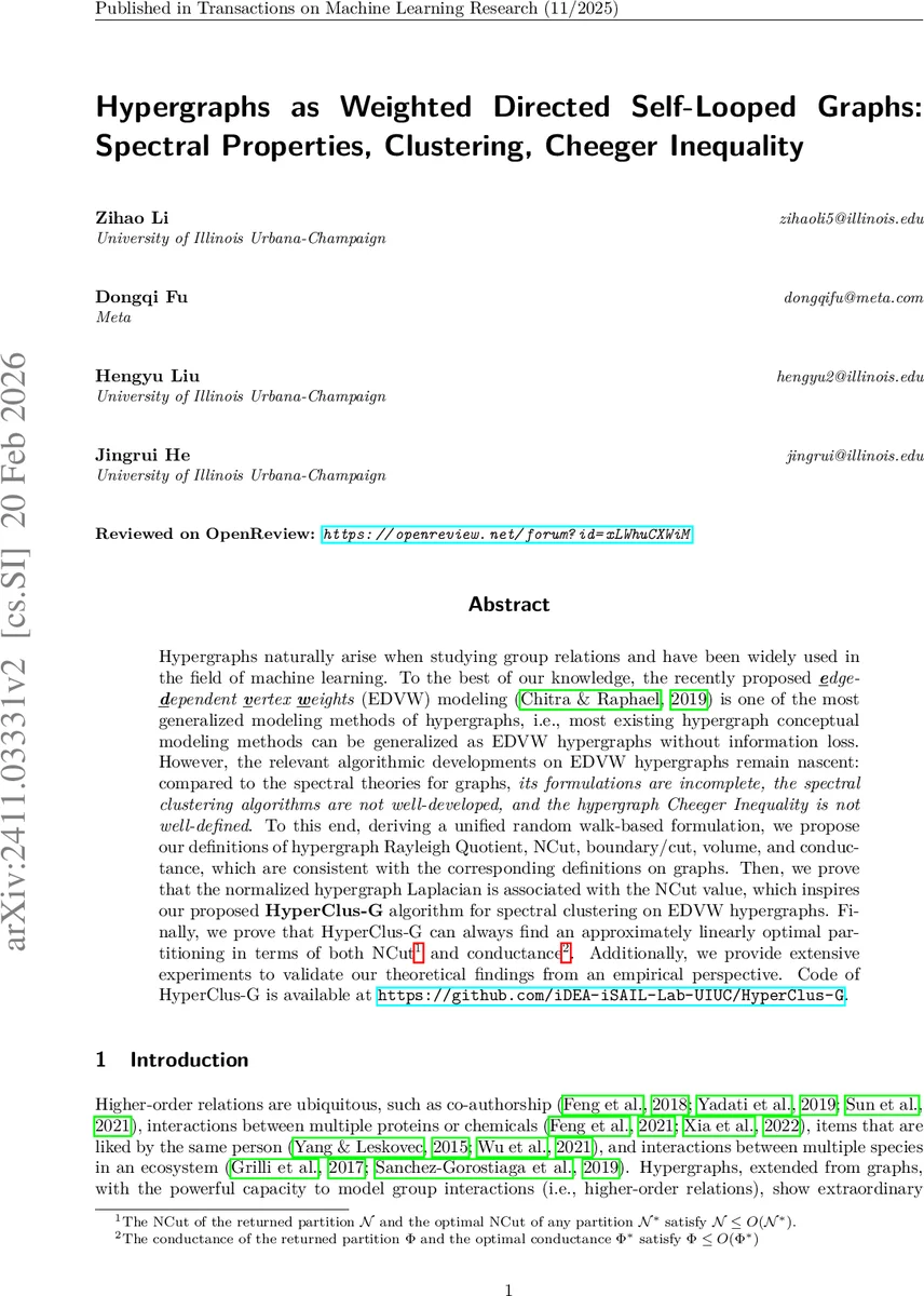 Hypergraphs as Weighted Directed Self-Looped Graphs: Spectral Properties, Clustering, Cheeger Inequality