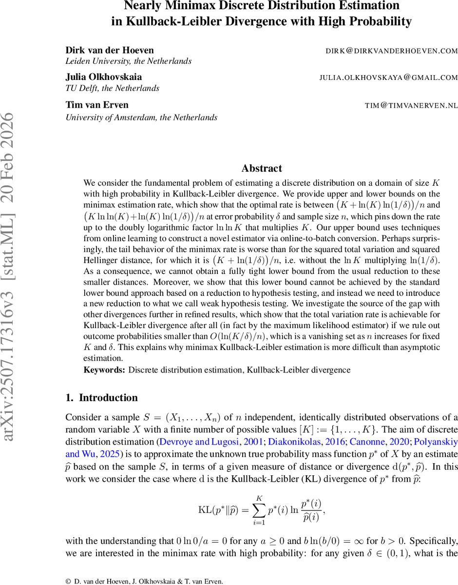 Nearly Minimax Discrete Distribution Estimation in Kullback-Leibler Divergence with High Probability