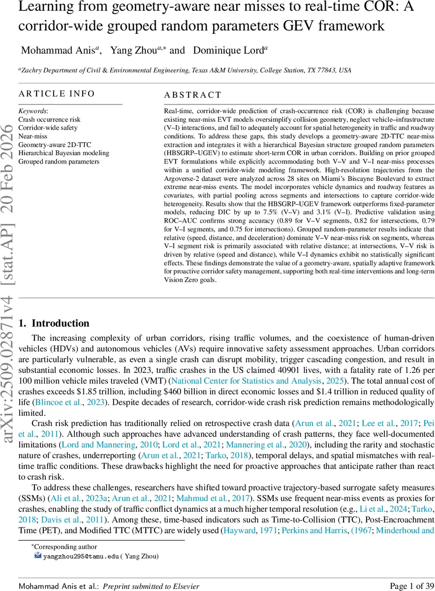 Learning from geometry-aware near misses to real-time COR: A corridor-wide grouped random parameters GEV framework