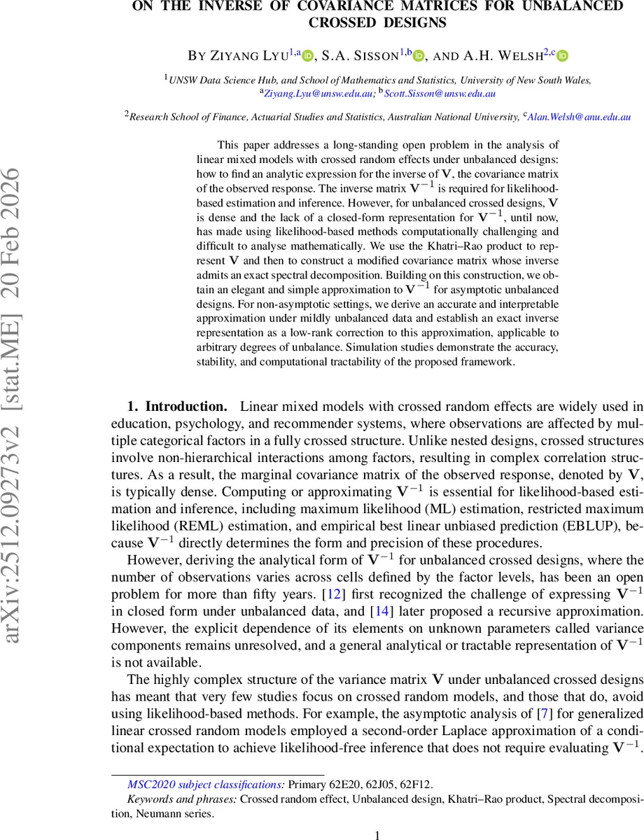 On the inverse of covariance matrices for unbalanced crossed designs