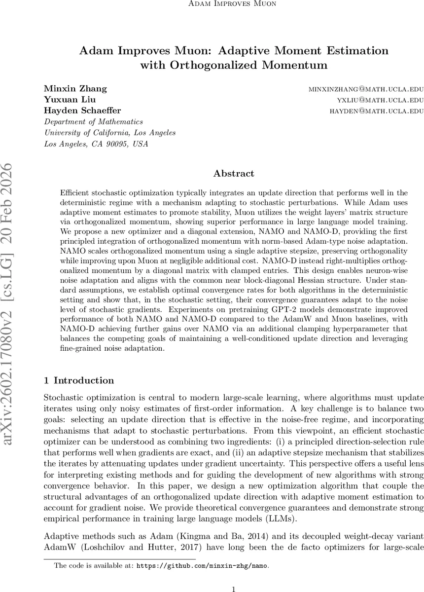 Adam Improves Muon: Adaptive Moment Estimation with Orthogonalized Momentum