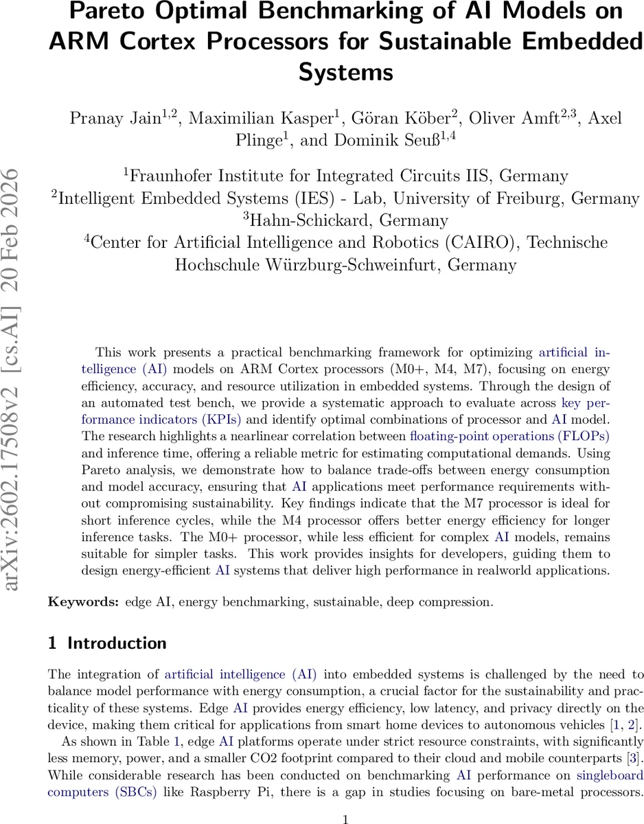 Pareto Optimal Benchmarking of AI Models on ARM Cortex Processors for Sustainable Embedded Systems