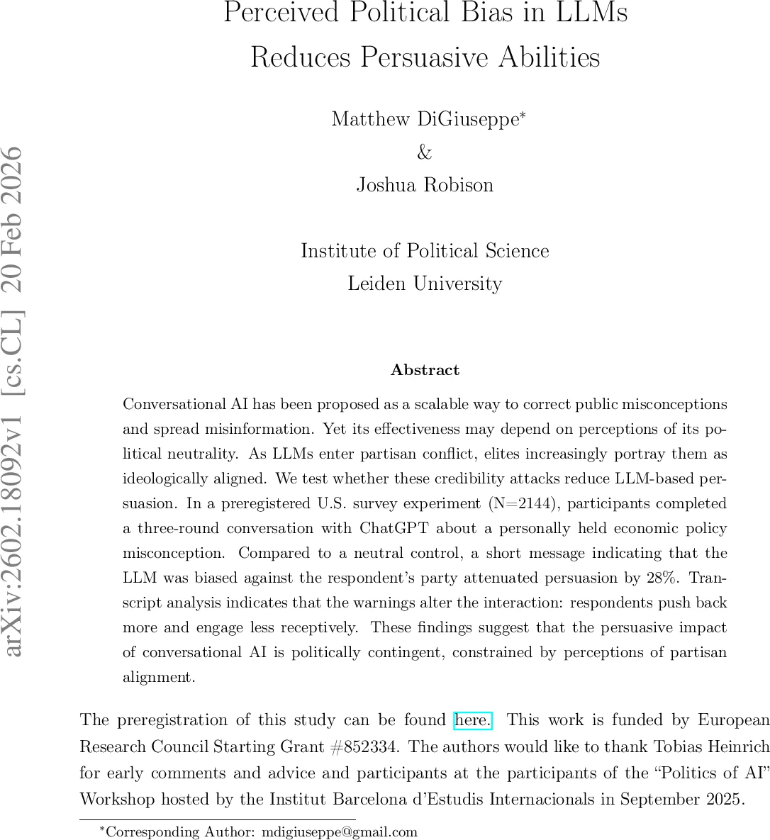Perceived Political Bias in LLMs Reduces Persuasive Abilities