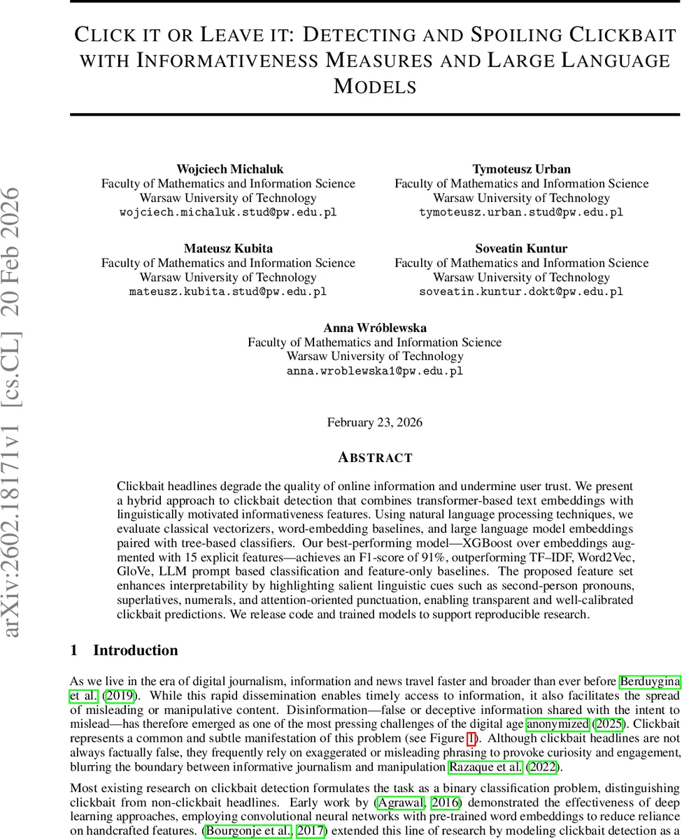 Click it or Leave it: Detecting and Spoiling Clickbait with Informativeness Measures and Large Language Models