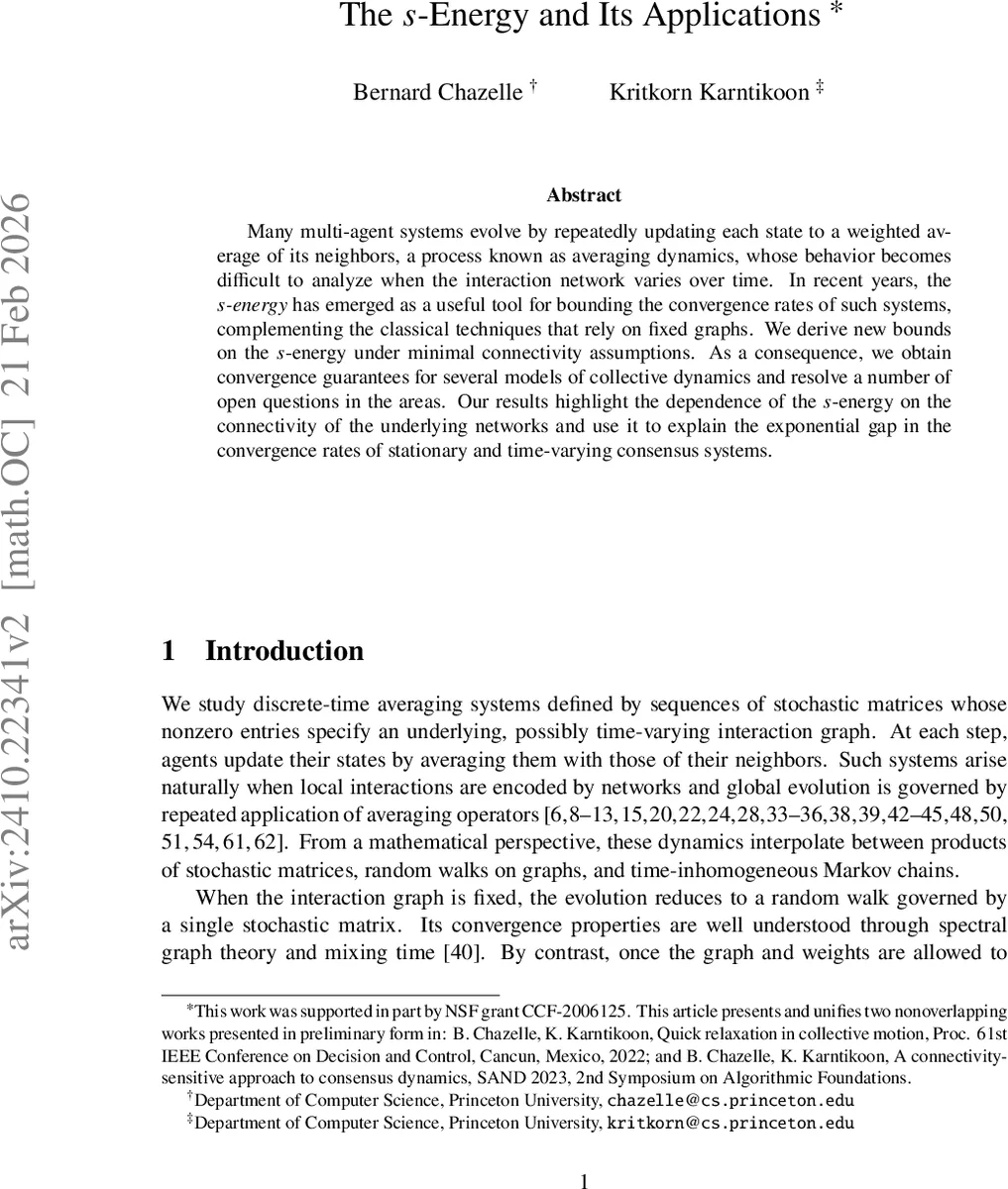 The $s$-Energy and Its Applications