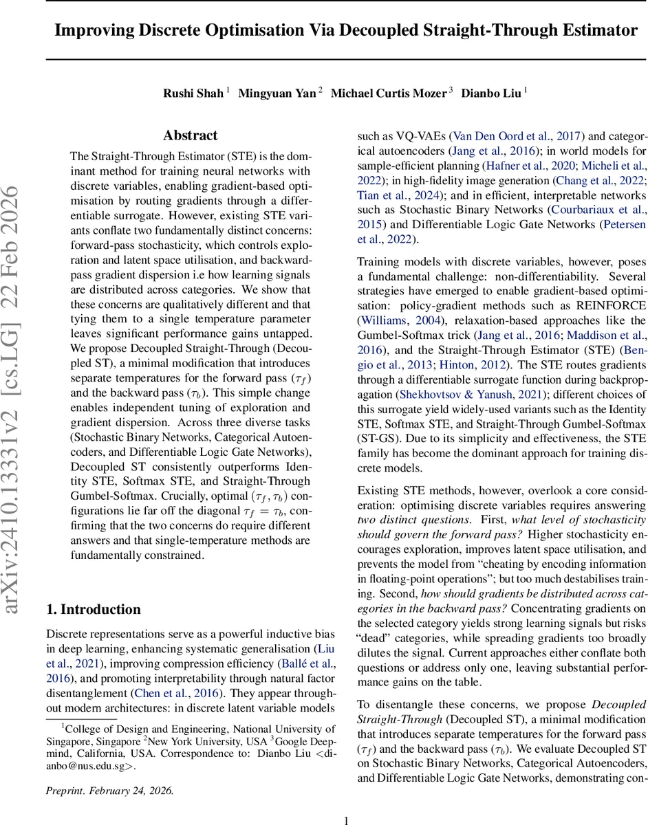 Improving Discrete Optimisation Via Decoupled Straight-Through Estimator