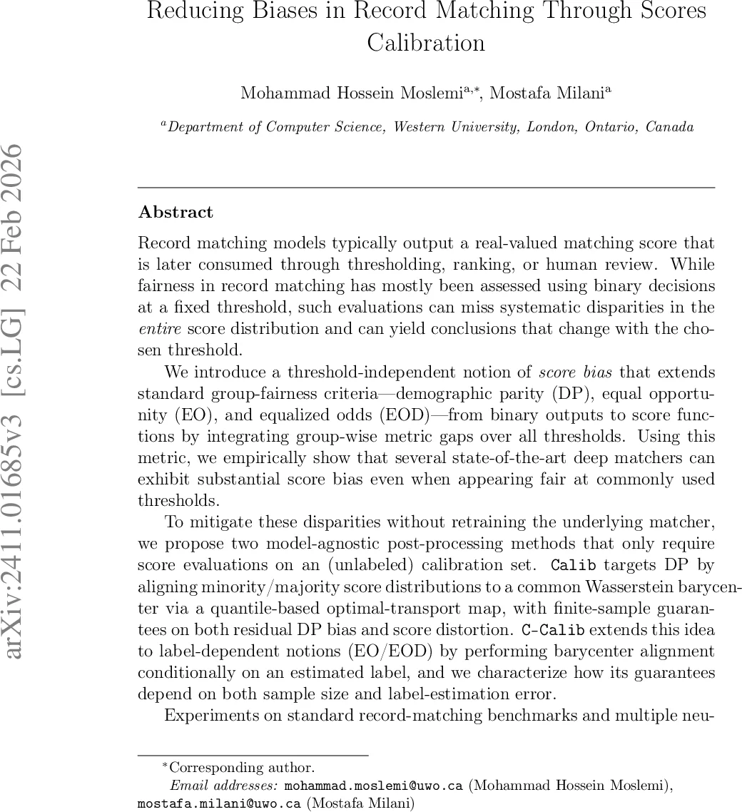 Reducing Biases in Record Matching Through Scores Calibration