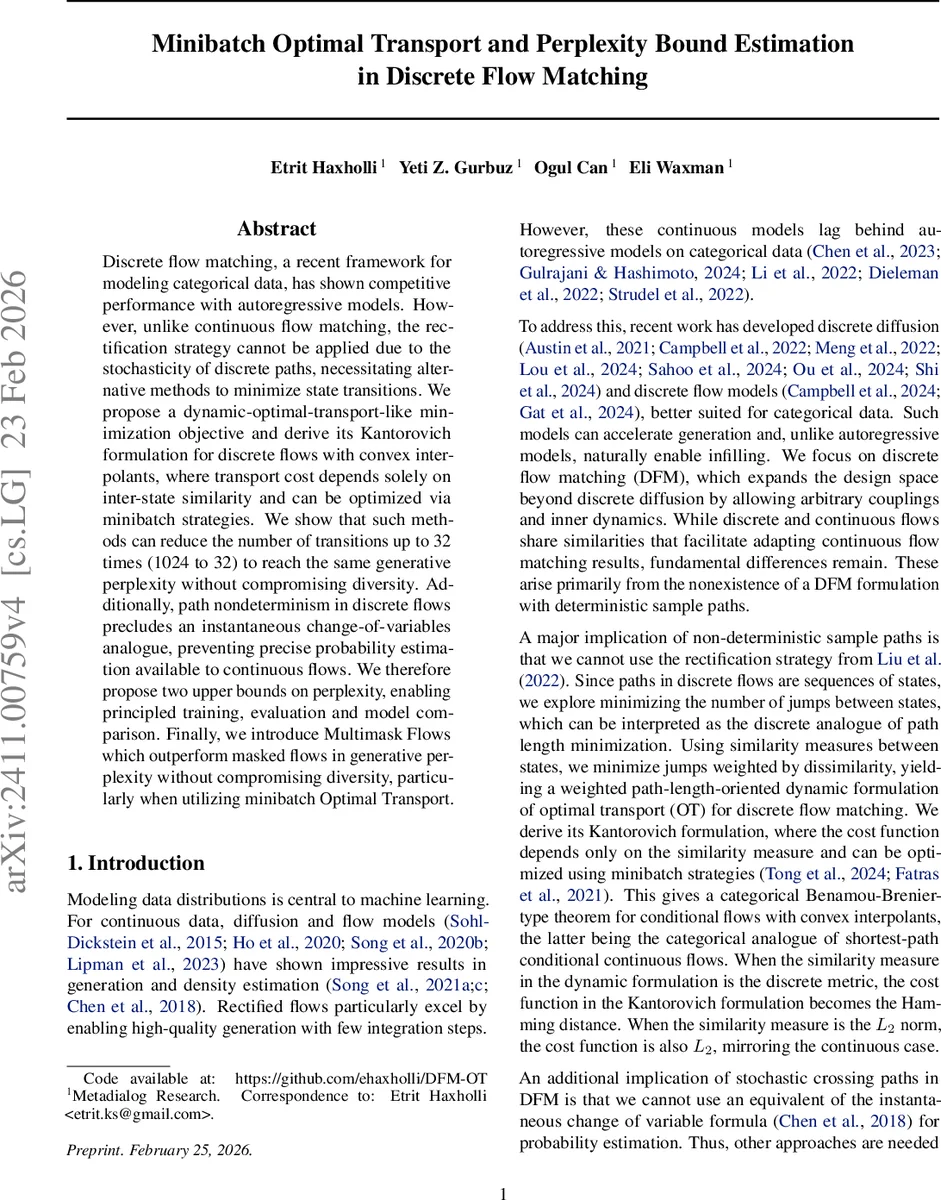 Minibatch Optimal Transport and Perplexity Bound Estimation in Discrete Flow Matching