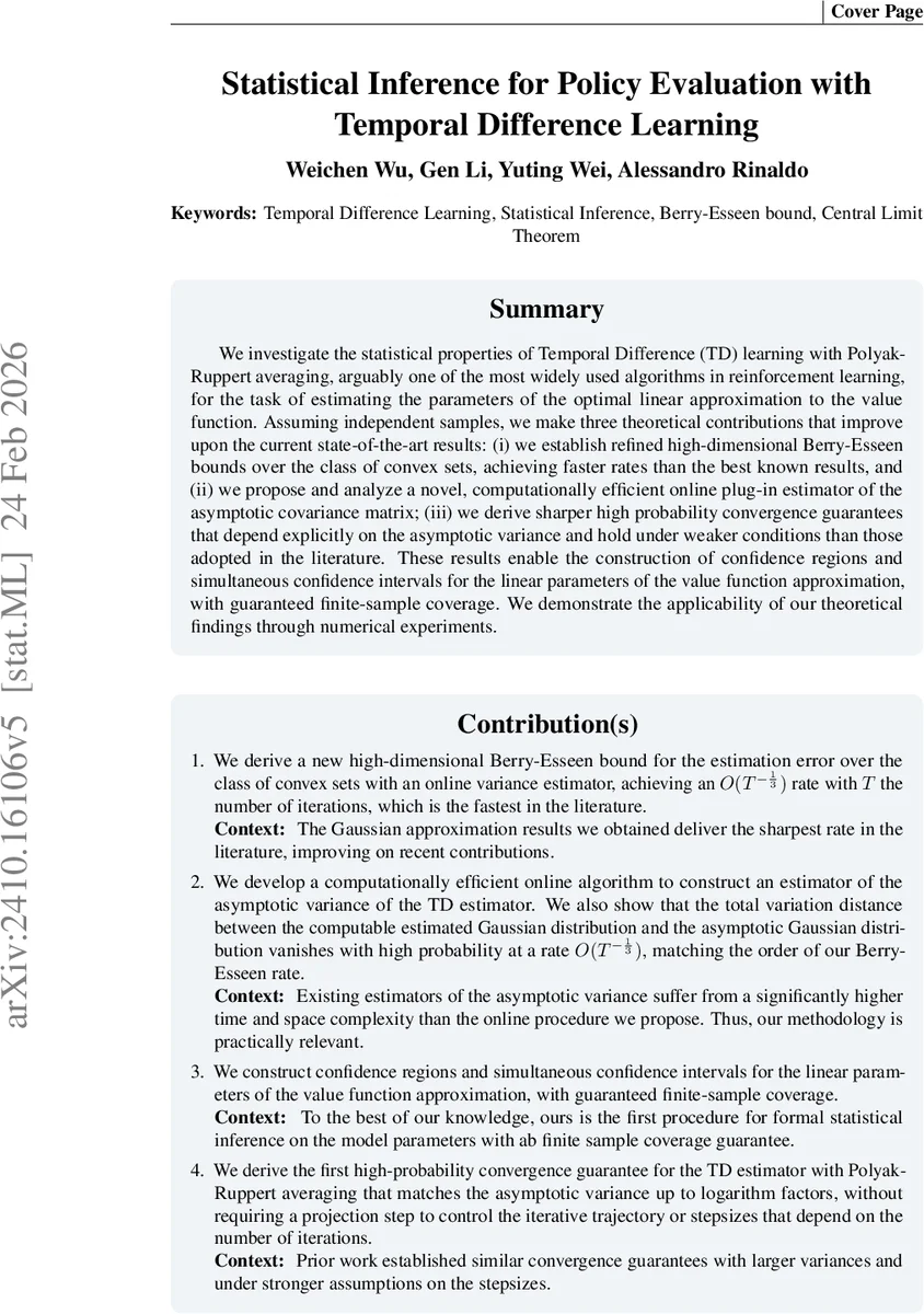 Statistical Inference for Temporal Difference Learning with Linear Function Approximation