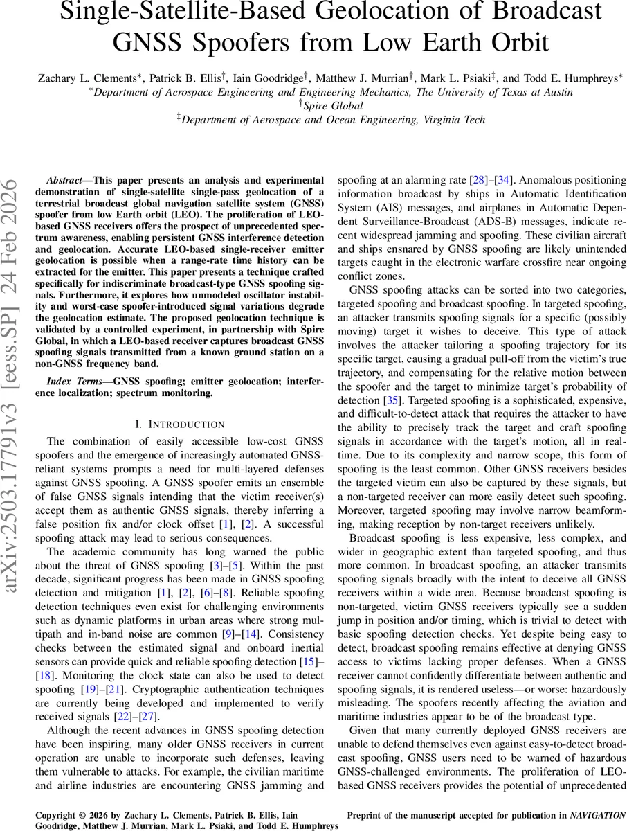 Single-Satellite-Based Geolocation of Broadcast GNSS Spoofers from Low Earth Orbit