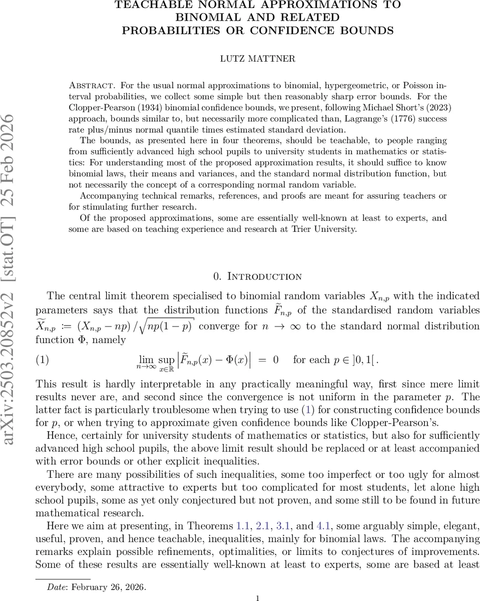 Teachable normal approximations to binomial and related probabilities or confidence bounds