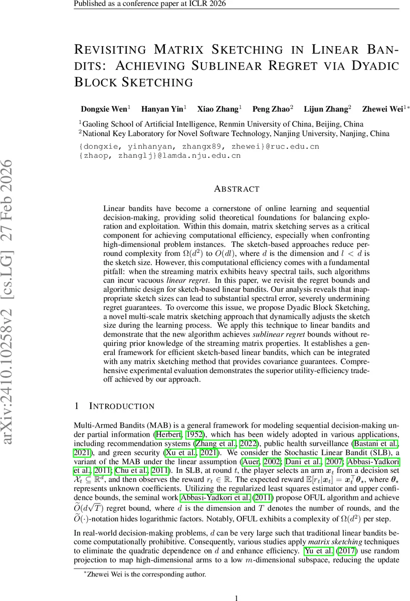 Revisiting Matrix Sketching in Linear Bandits: Achieving Sublinear Regret via Dyadic Block Sketching