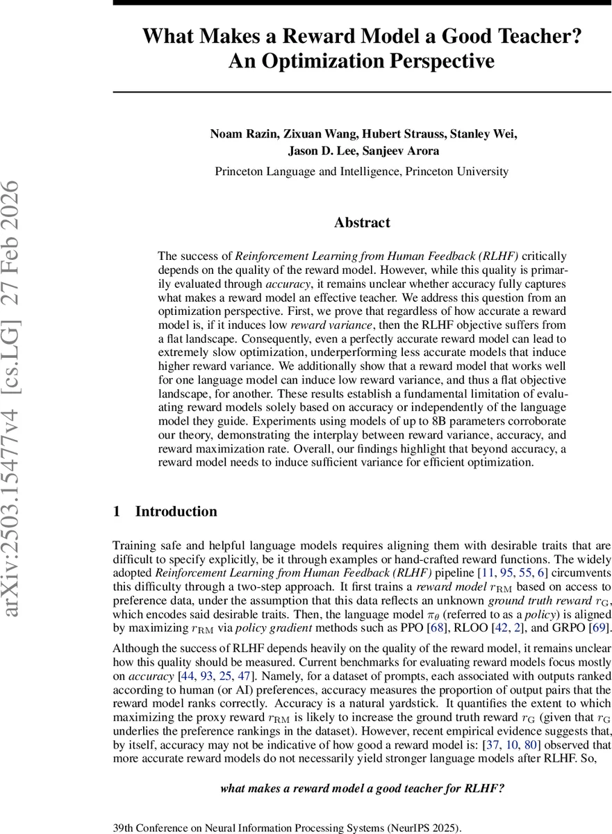 What Makes a Reward Model a Good Teacher? An Optimization Perspective