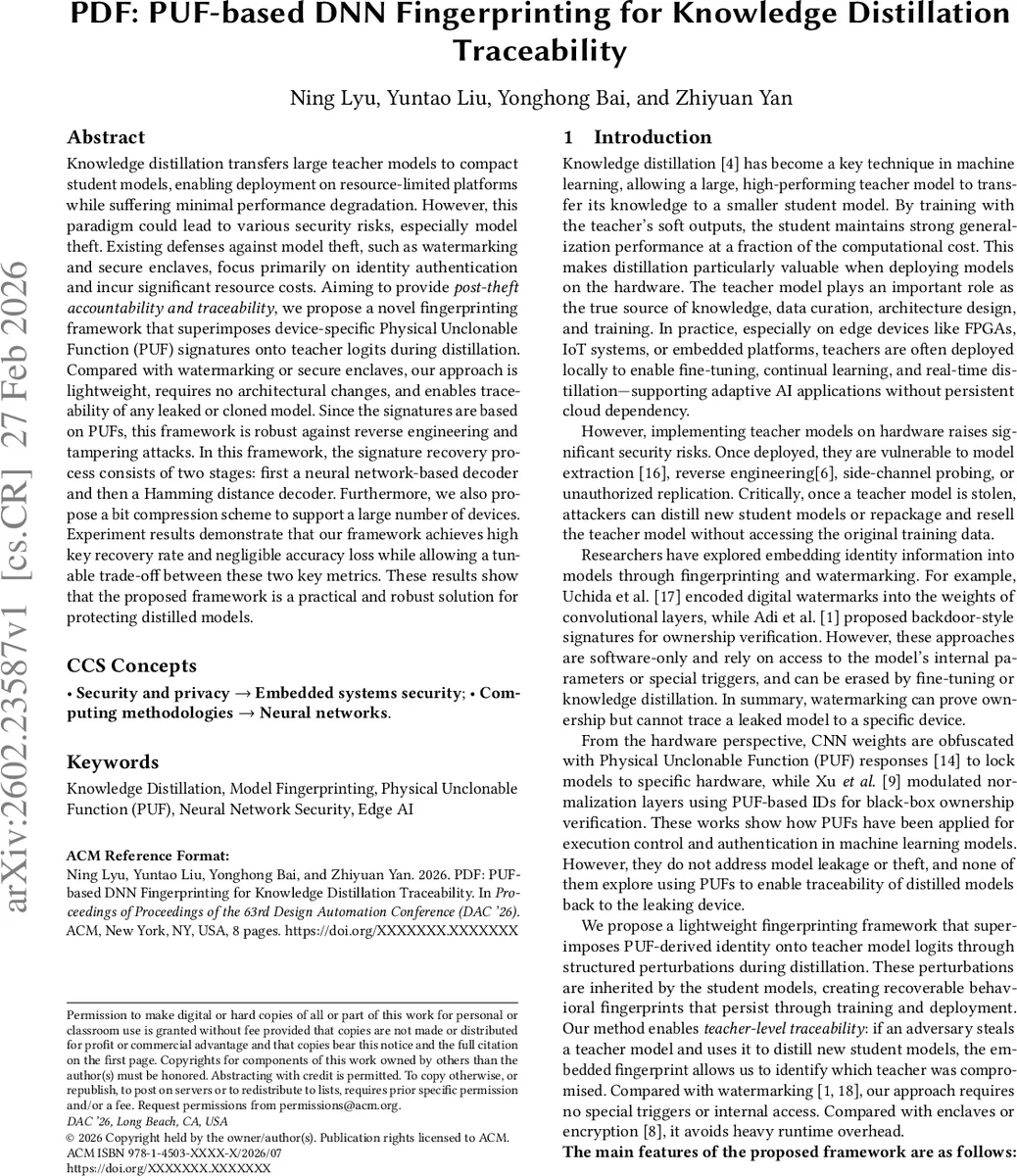 PDF: PUF-based DNN Fingerprinting for Knowledge Distillation Traceability