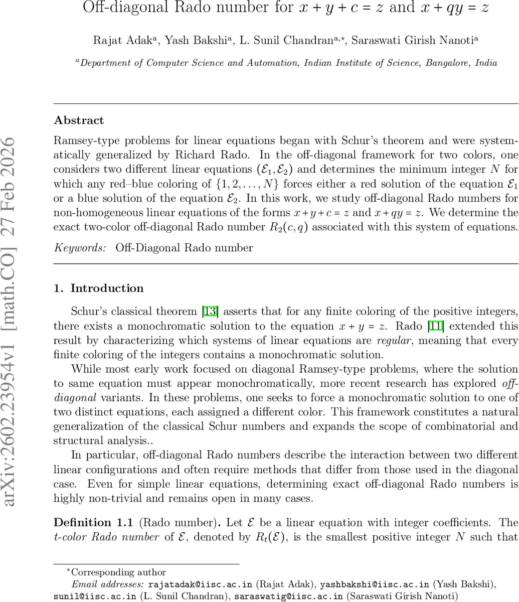 Off-diagonal Rado number for $x+y+c=z$ and $x+qy=z$