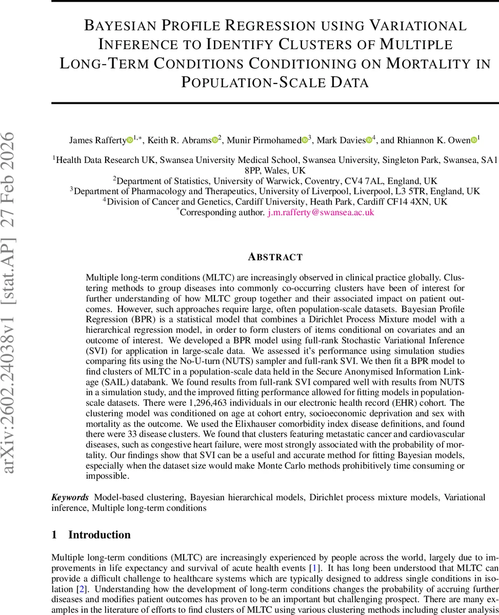 Bayesian Profile Regression using Variational Inference to Identify Clusters of Multiple Long-Term Conditions Conditioning on Mortality in Population-Scale Data