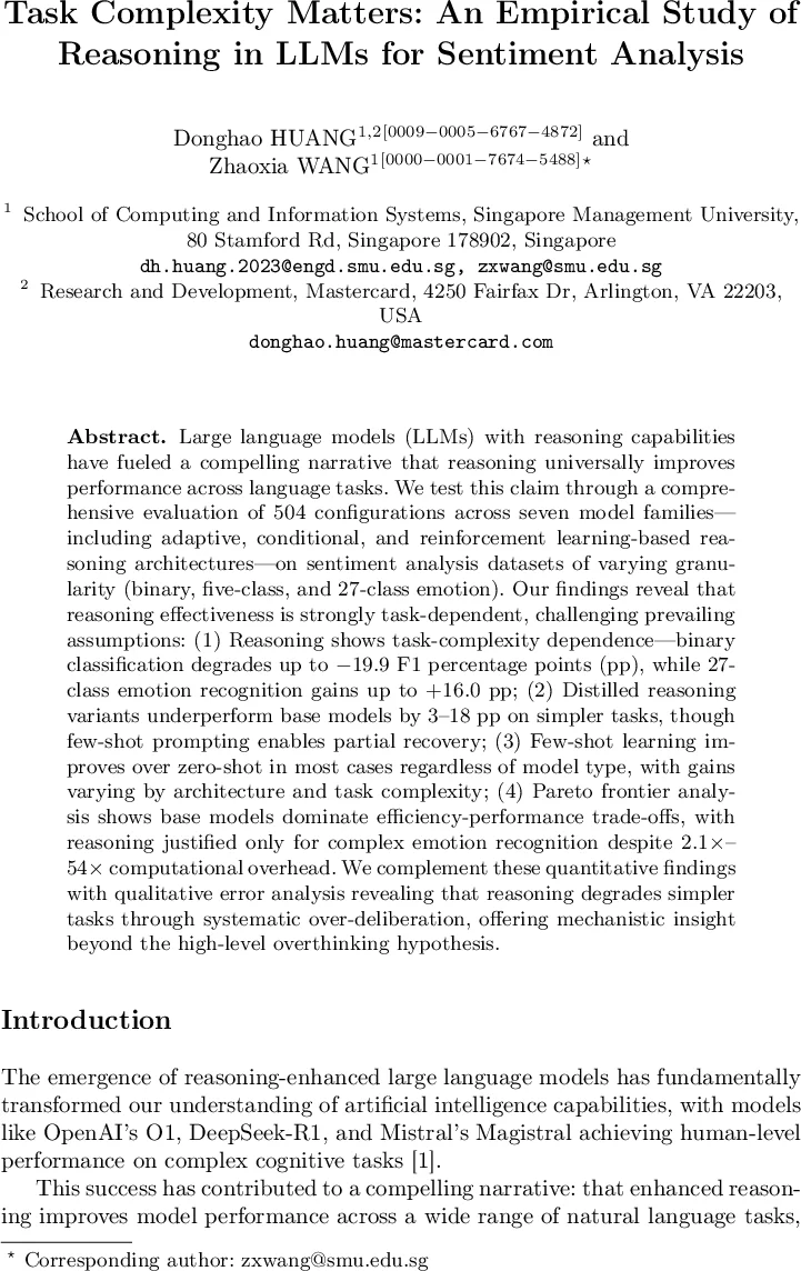 Task Complexity Matters: An Empirical Study of Reasoning in LLMs for Sentiment Analysis