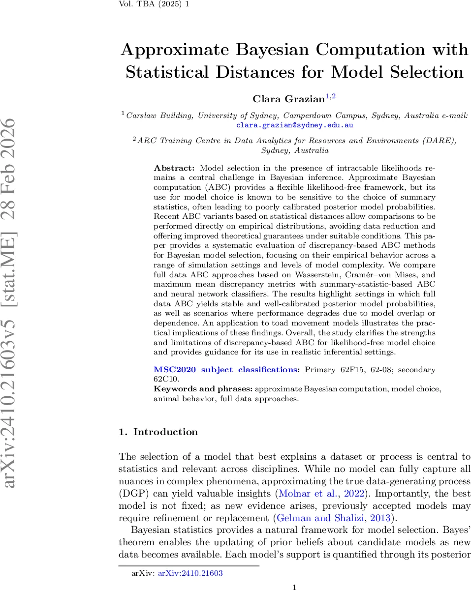 Approximate Bayesian Computation with Statistical Distances for Model Selection