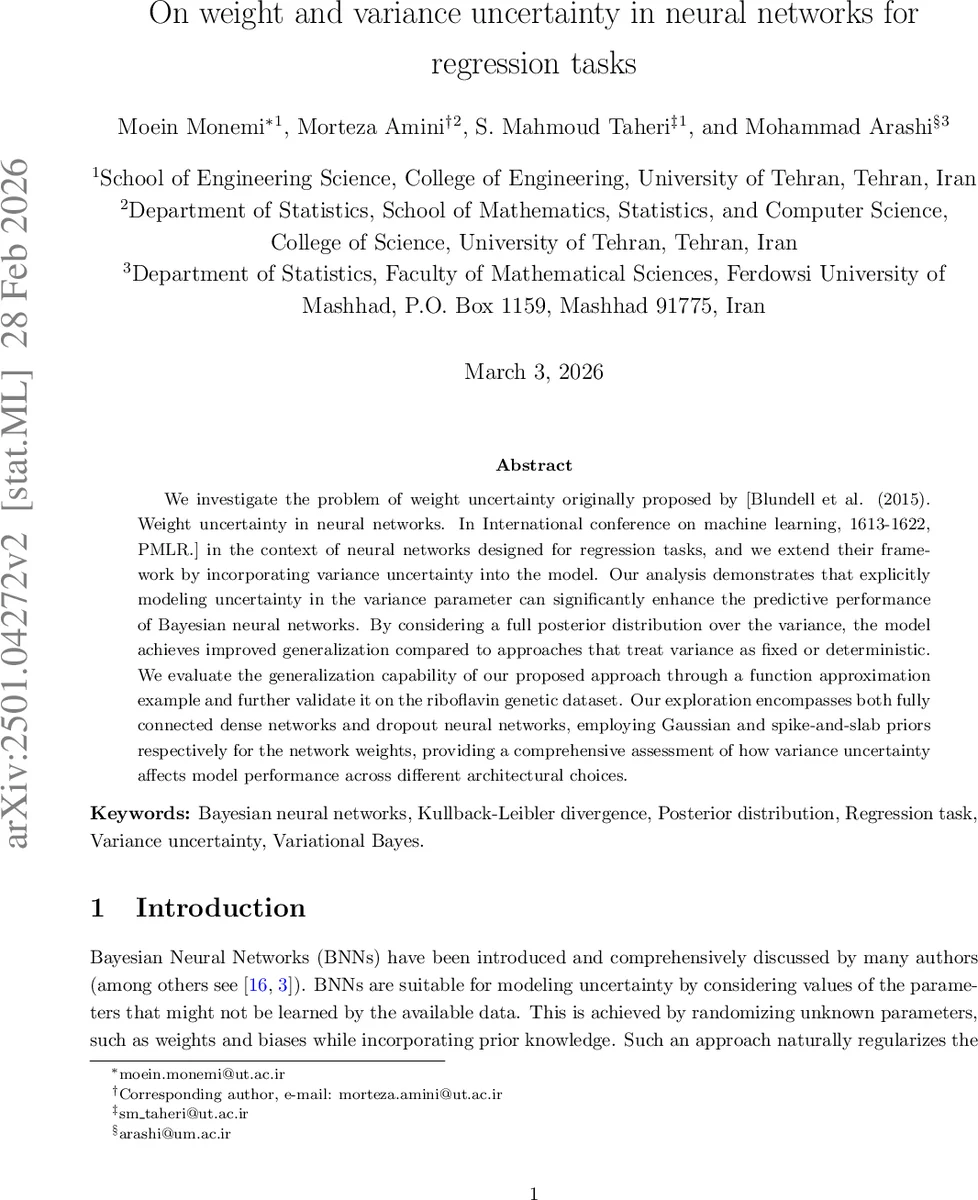 On weight and variance uncertainty in neural networks for regression tasks