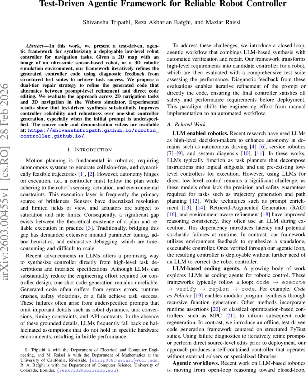 Test-Driven Agentic Framework for Reliable Robot Controller