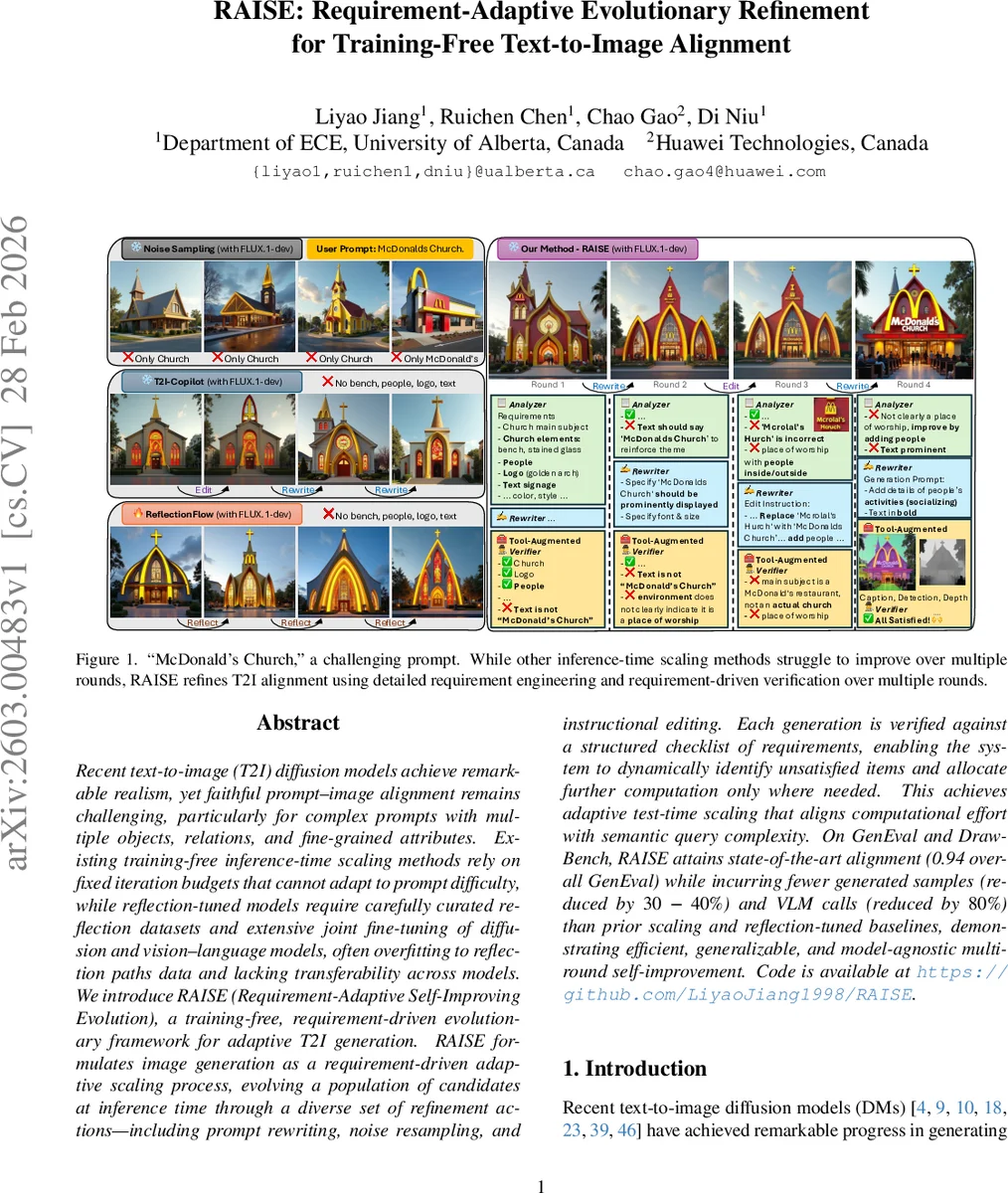 RAISE: Requirement-Adaptive Evolutionary Refinement for Training-Free Text-to-Image Alignment