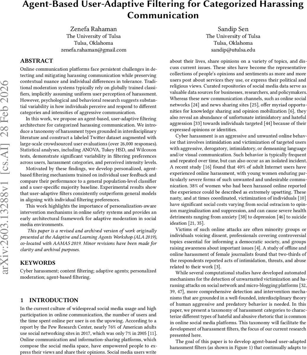 Agent-Based User-Adaptive Filtering for Categorized Harassing Communication