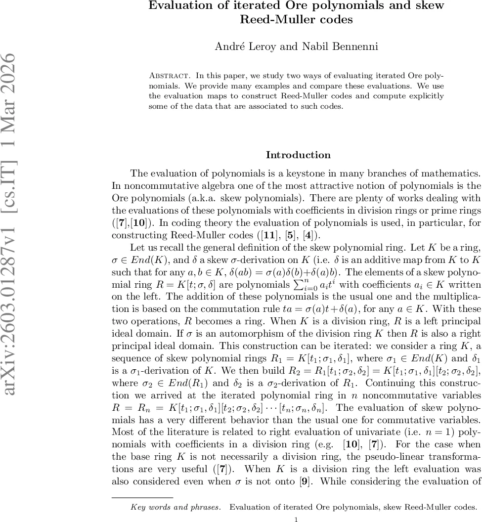 Evaluation of iterated Ore polynomials and skew Reed-Muller codes