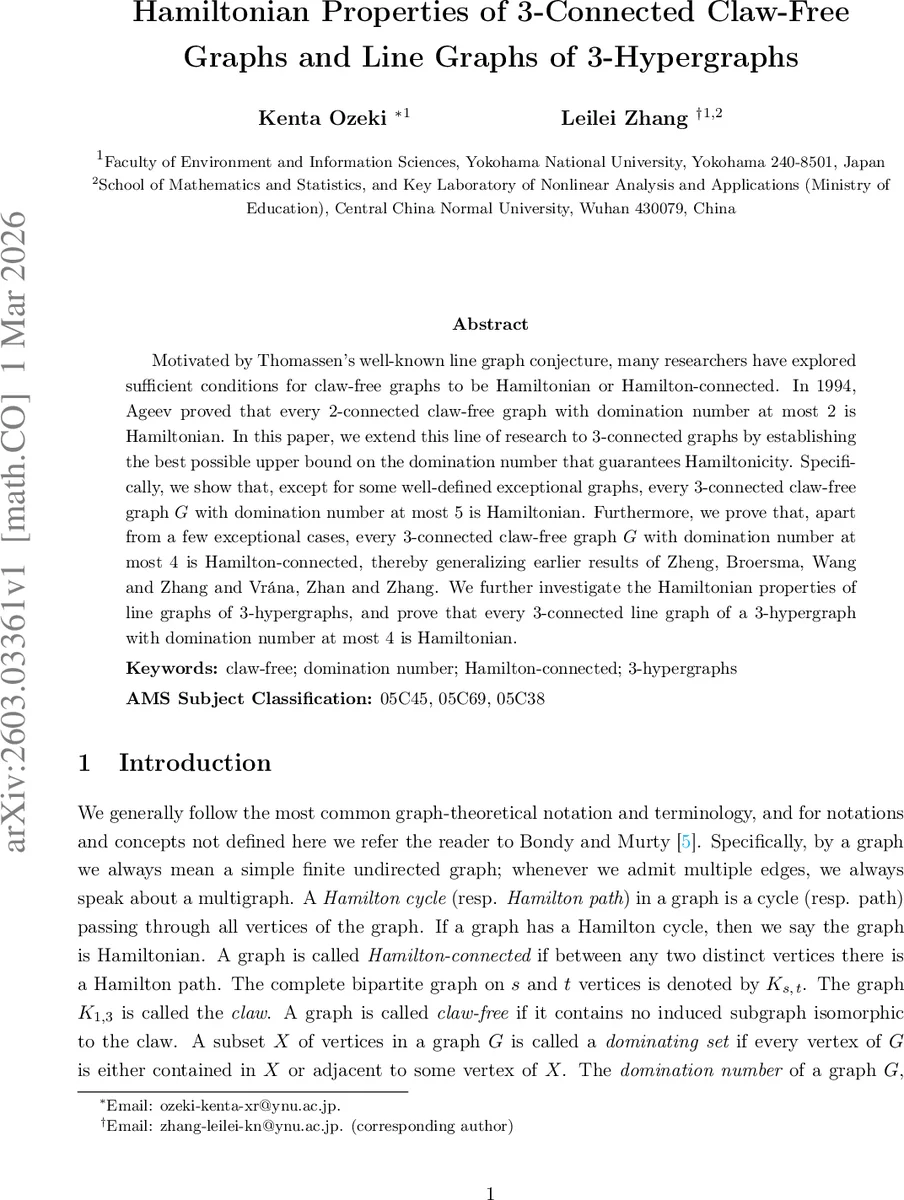 Hamiltonian Properties of 3-Connected Claw-Free Graphs and Line Graphs of 3-Hypergraphs