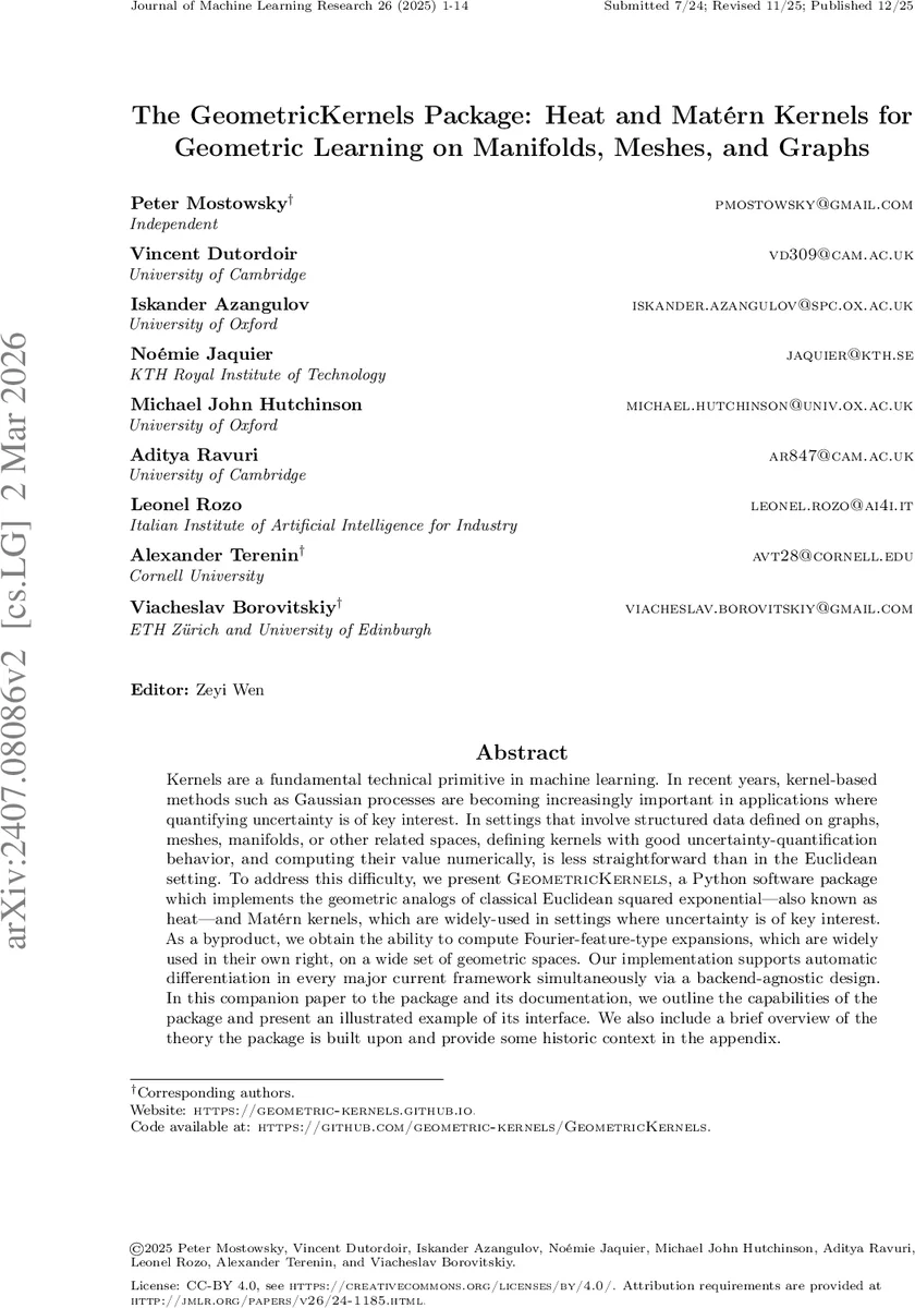The GeometricKernels Package: Heat and Matérn Kernels for Geometric Learning on Manifolds, Meshes, and Graphs