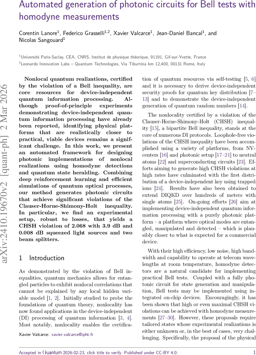 Automated generation of photonic circuits for Bell tests with homodyne measurements