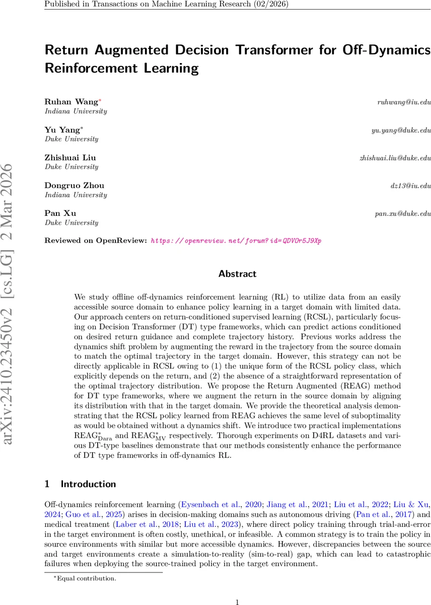 Return Augmented Decision Transformer for Off-Dynamics Reinforcement Learning