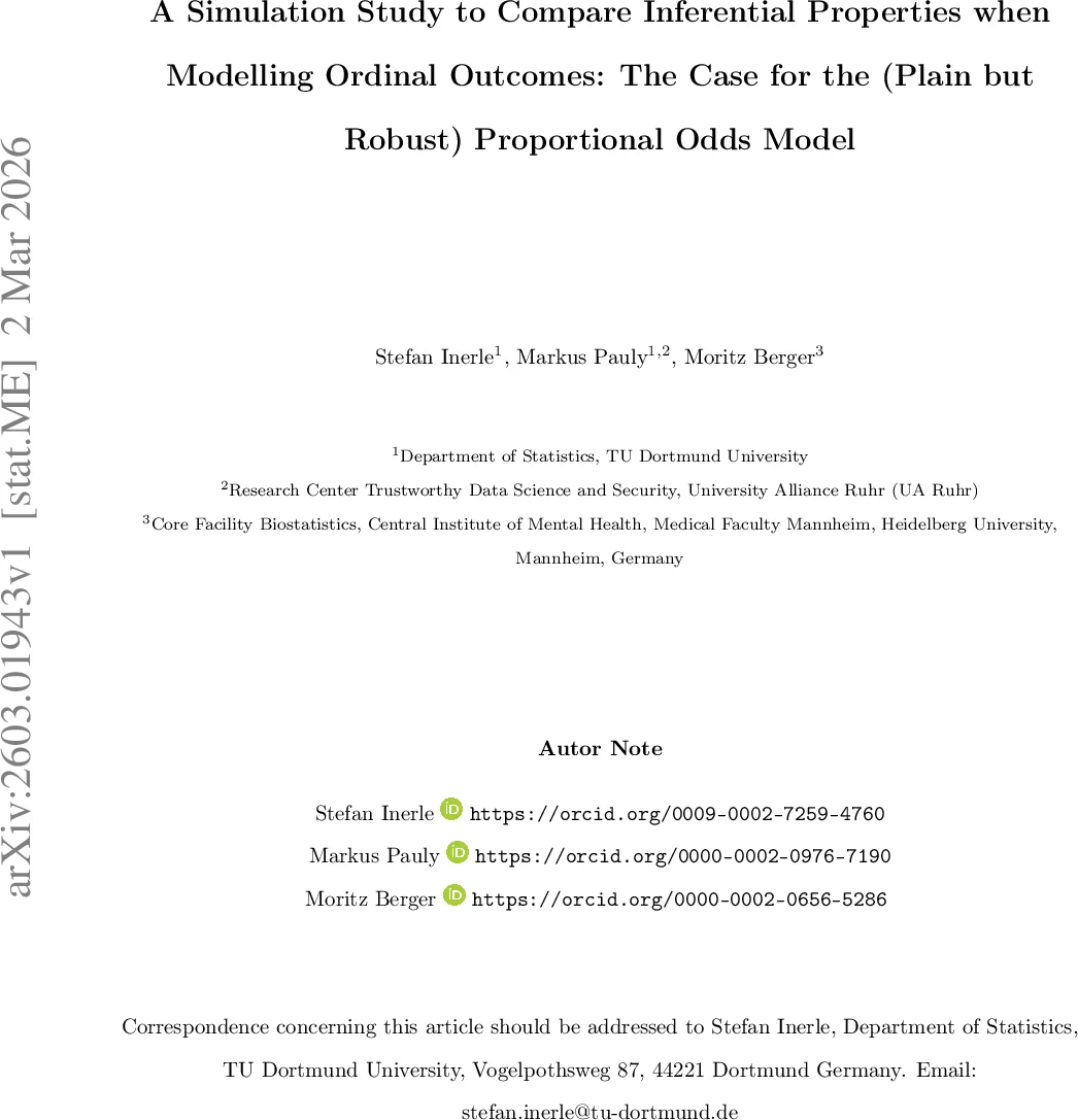 A Simulation Study to Compare Inferential Properties when Modelling Ordinal Outcomes: The Case for the (Plain but Robust) Proportional Odds Model