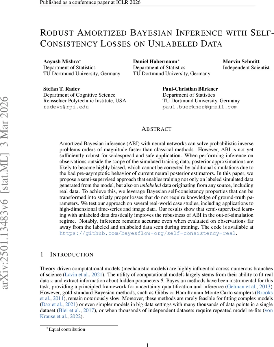 Robust Amortized Bayesian Inference with Self-Consistency Losses on Unlabeled Data