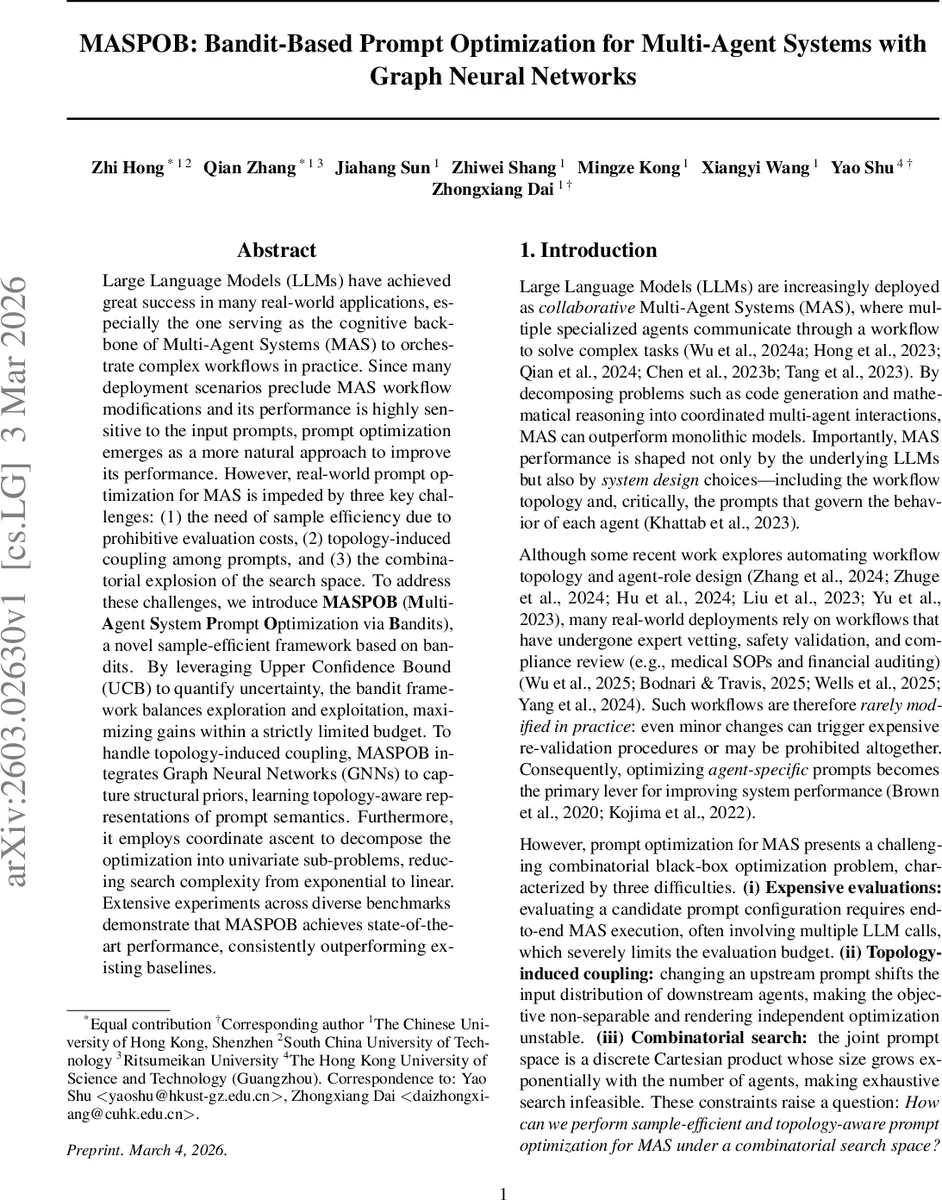 MASPOB: Bandit-Based Prompt Optimization for Multi-Agent Systems with Graph Neural Networks