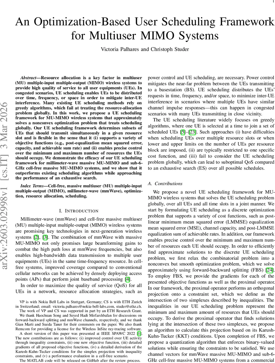 An Optimization-Based User Scheduling Framework for Multiuser MIMO Systems