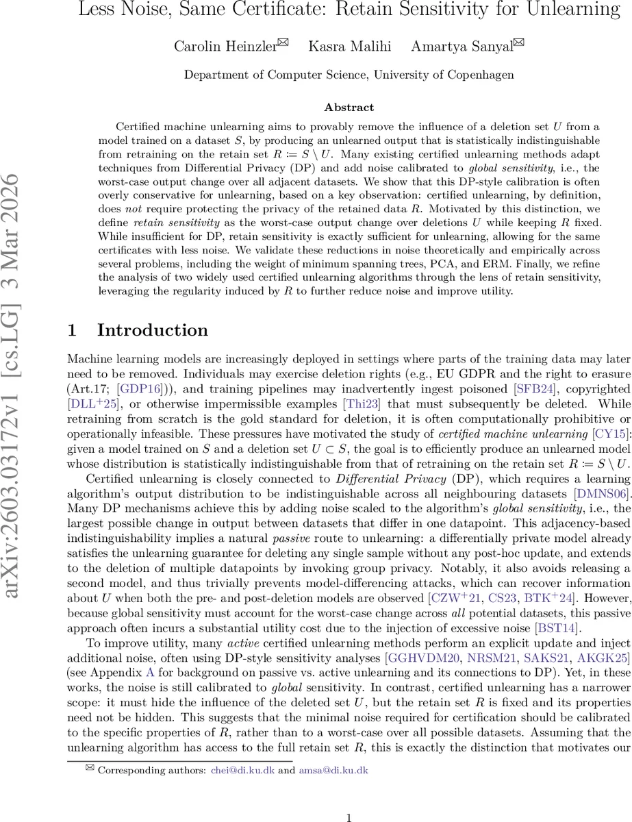 Less Noise, Same Certificate: Retain Sensitivity for Unlearning