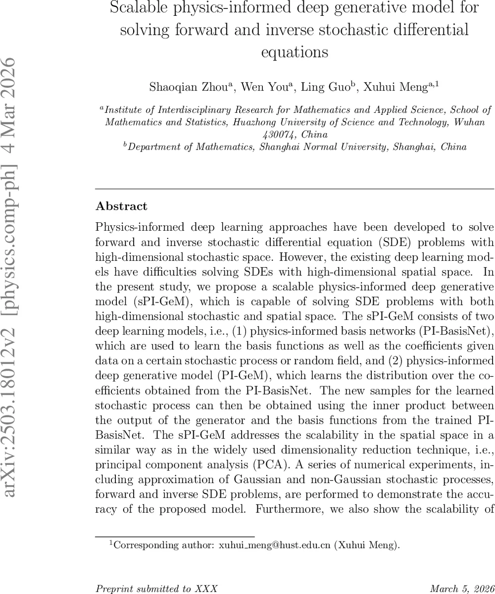 Scalable physics-informed deep generative model for solving forward and inverse stochastic differential equations
