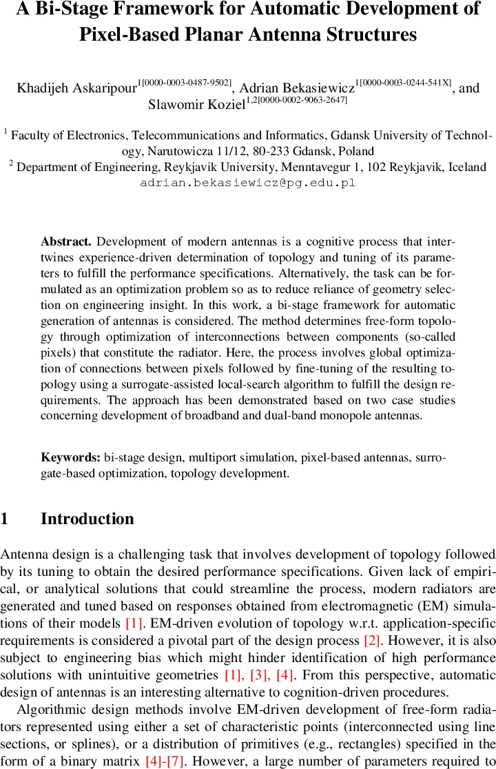 A Bi-Stage Framework for Automatic Development of Pixel-Based Planar Antenna Structures