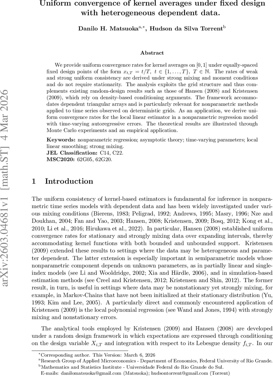 Uniform convergence of kernel averages under fixed design with heterogeneous dependent data