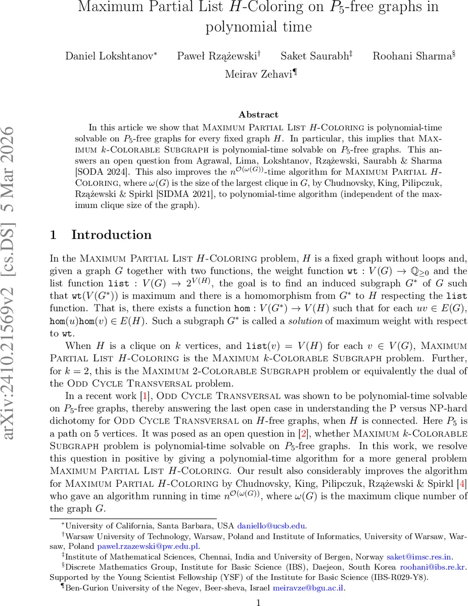 Maximum Partial List H-Coloring on P_5-free graphs in polynomial time