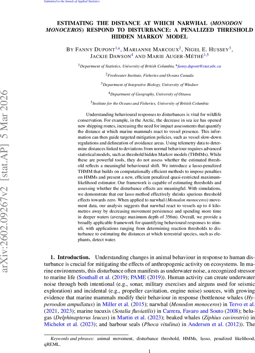 Estimating the distance at which narwhal $(	extit{Monodon monoceros})$ respond to disturbance: a penalized threshold hidden Markov model