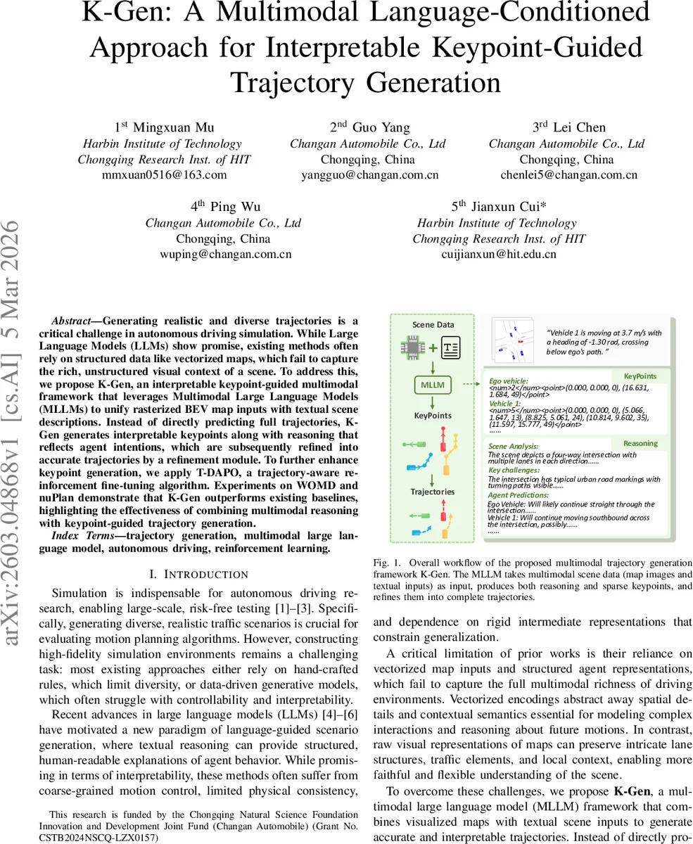 K-Gen: A Multimodal Language-Conditioned Approach for Interpretable Keypoint-Guided Trajectory Generation