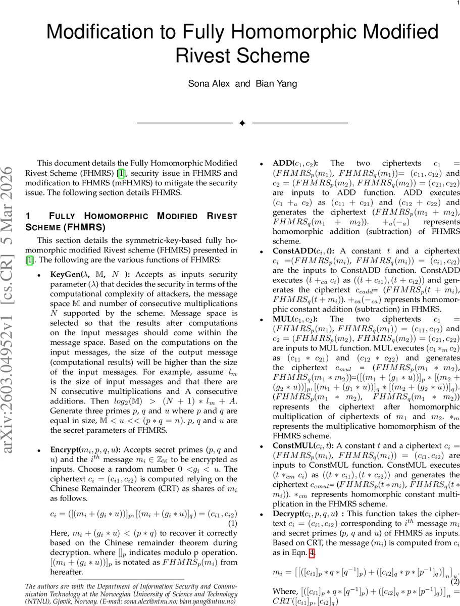 Modification to Fully Homomorphic Modified Rivest Scheme