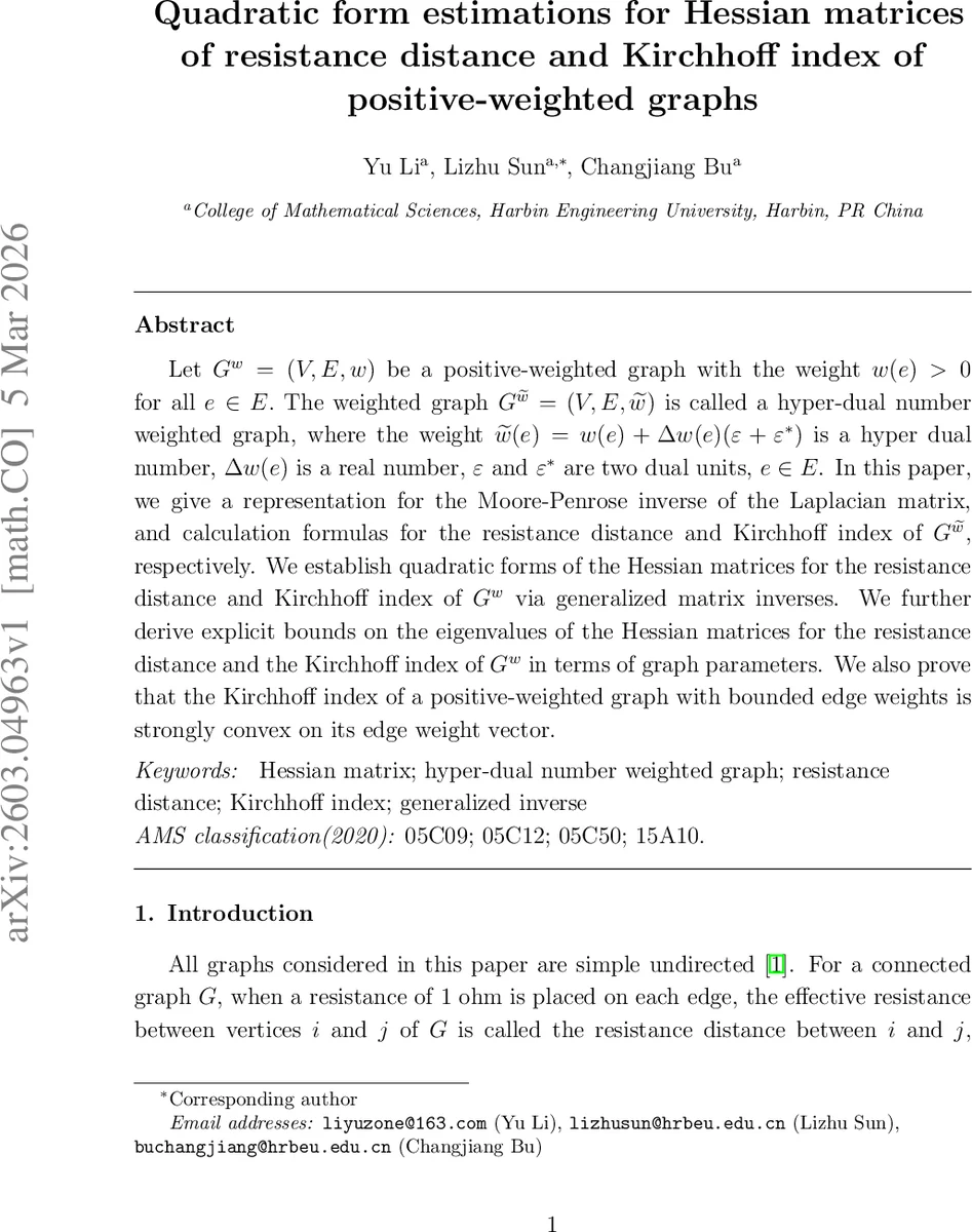 Quadratic form estimations for Hessian matrices of resistance distance and Kirchhoff index of positive-weighted graphs