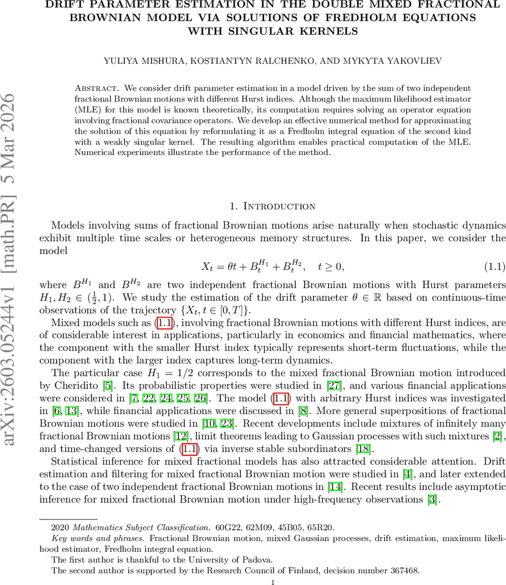 Drift parameter estimation in the double mixed fractional Brownian model via solutions of Fredholm equations with singular kernels